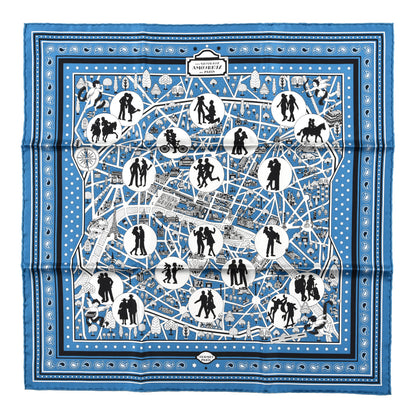 Hermes Silk Les Nouveaux Amoureux de Paris Bandana Scarf 55 Bleu Canard Black Gris 1 of 4