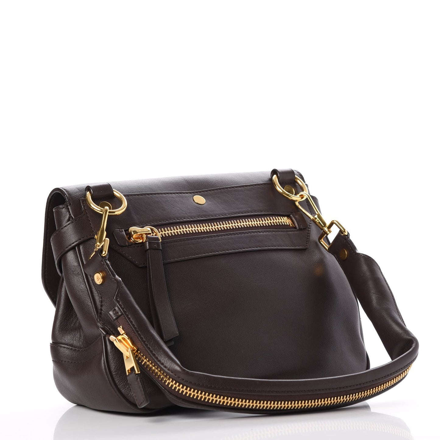Calfskin Zipper Strap Shoulder Bag Dark Brown
