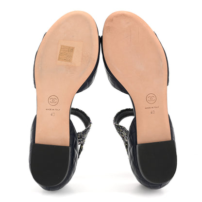 Chanel Tweed Lambskin Sandals 40 Green Navy Silver 6 of 9