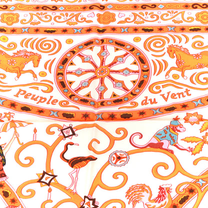 Hermes Cashmere Silk Peuple Du Vent Shawl 140 White Orange Rose 5 of 6