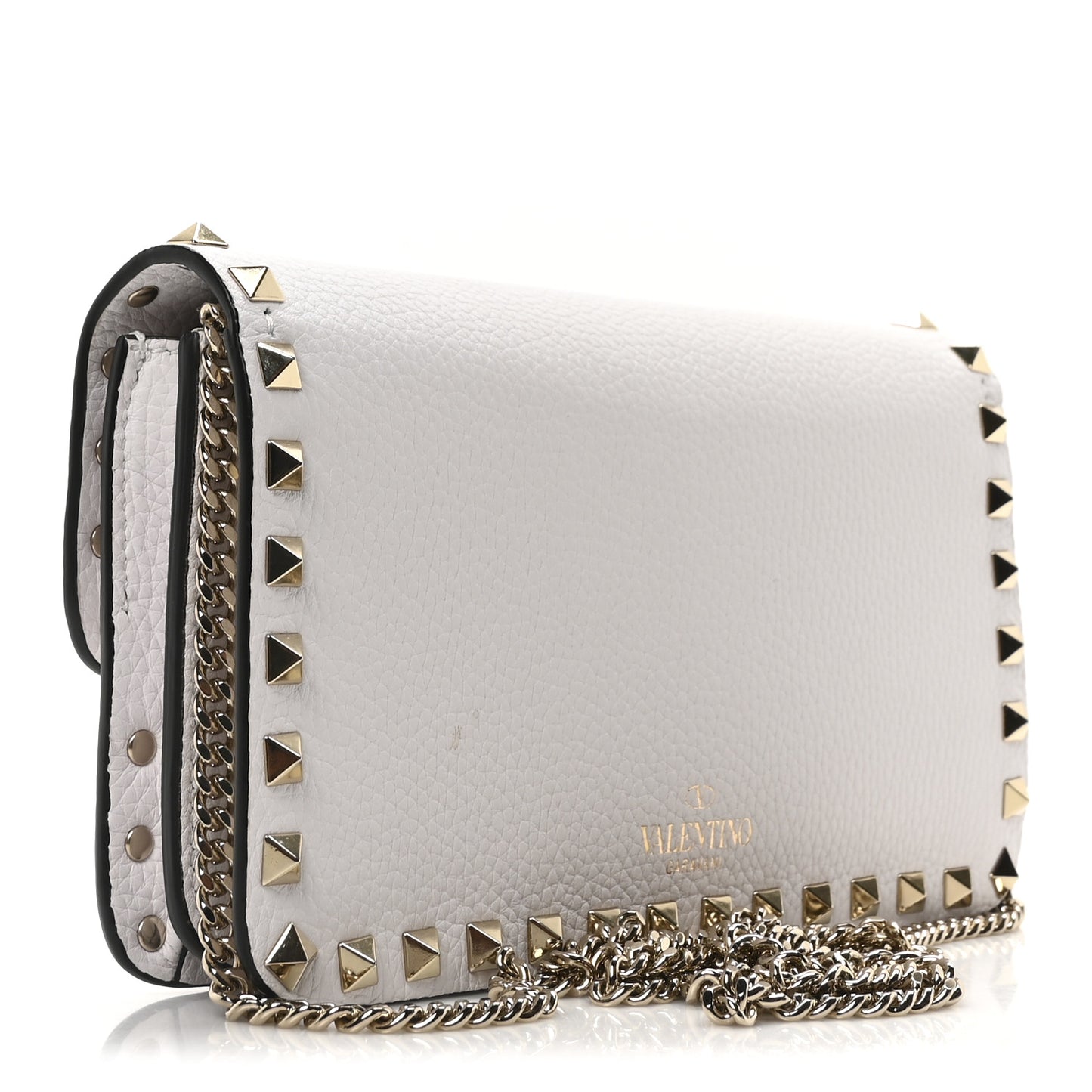 Grainy Calfskin Rockstud Chain Pouch White