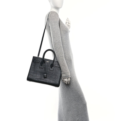 Saint Laurent Calfskin Crocodile Embossed Small Supple Sac de Jour Black 2 of 10