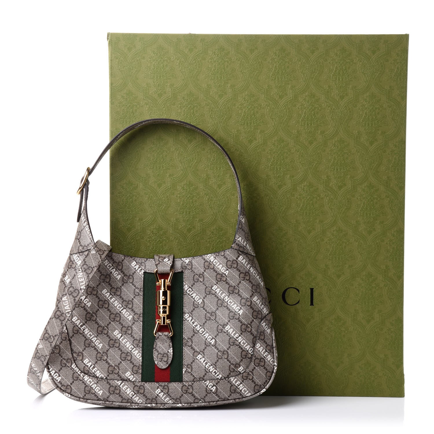Gucci X BALENCIAGA GG Supreme Monogram Striped Logo Print Web Small Jackie 1961 Hobo Beige Ebony Mystic White 11 of 11