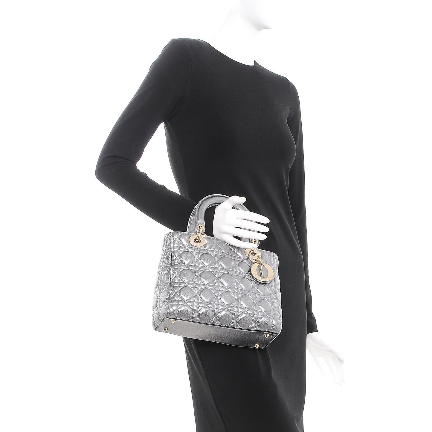 Metallic Grained Calfskin Cannage Medium Supple Lady Dior Silver