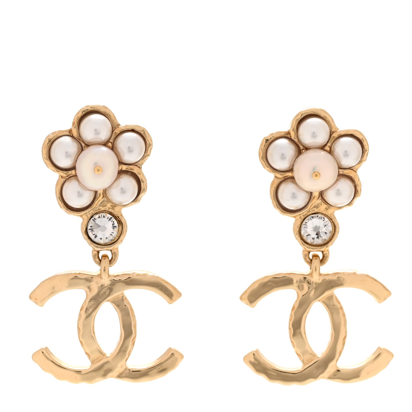Pearl Crystal CC Flower Drop Earrings Gold White