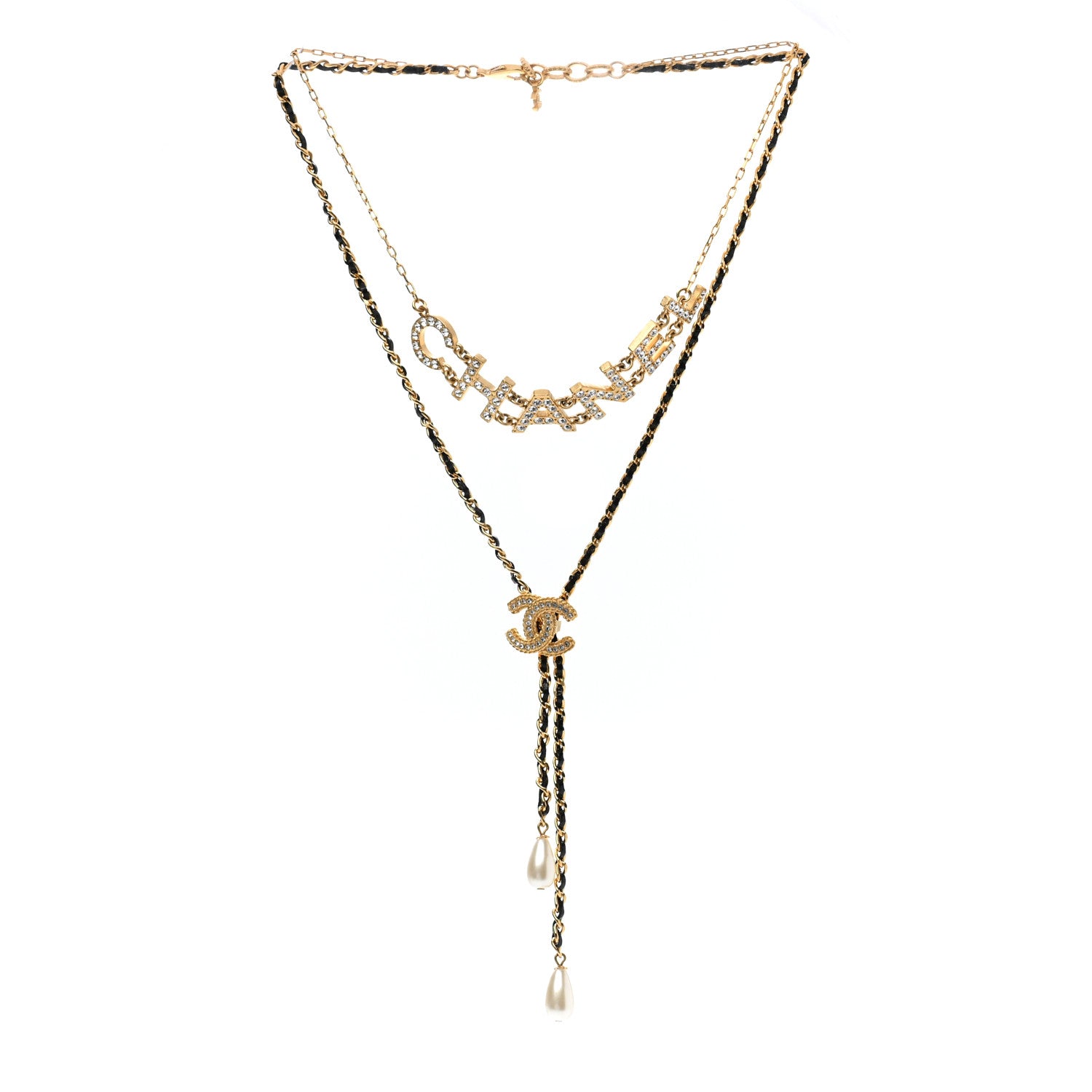 Chanel Lambskin Crystal Pearl Logo CC Double Strand Necklace Gold White Black 4 of 6