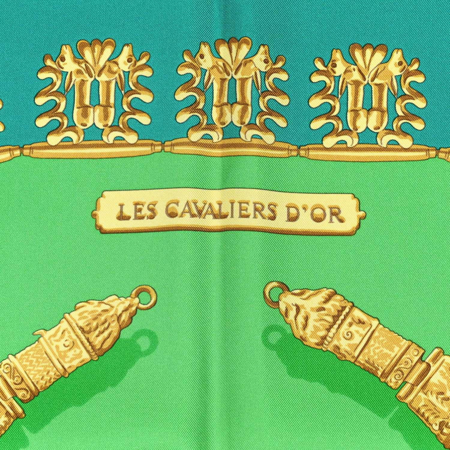 Hermes Silk Mousseline Les Cavaliers D'Or Scarf Vert Emeraude Vert Vieil 4 of 5