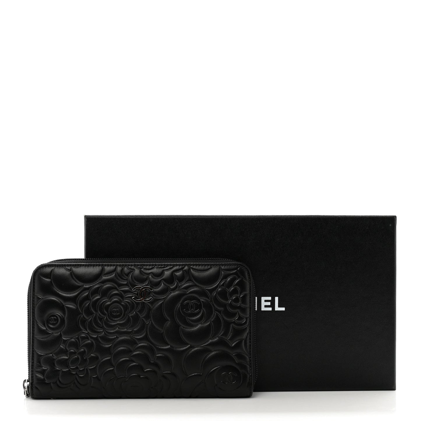 Lambskin Camellia Embossed Zip Around Organizer Wallet Black