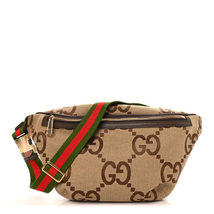 Gucci Monogram Jumbo GG Textured Dollar Calfskin Web Belt Bag Camel Ebony New Acero 1 of 10