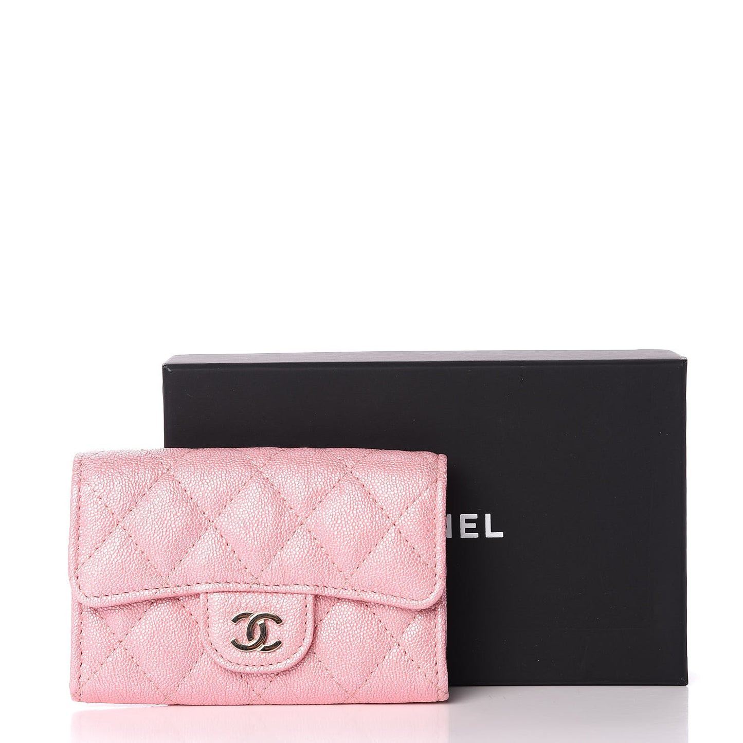 Iridescent Caviar Quilted Flap Card Holder Rose Pink