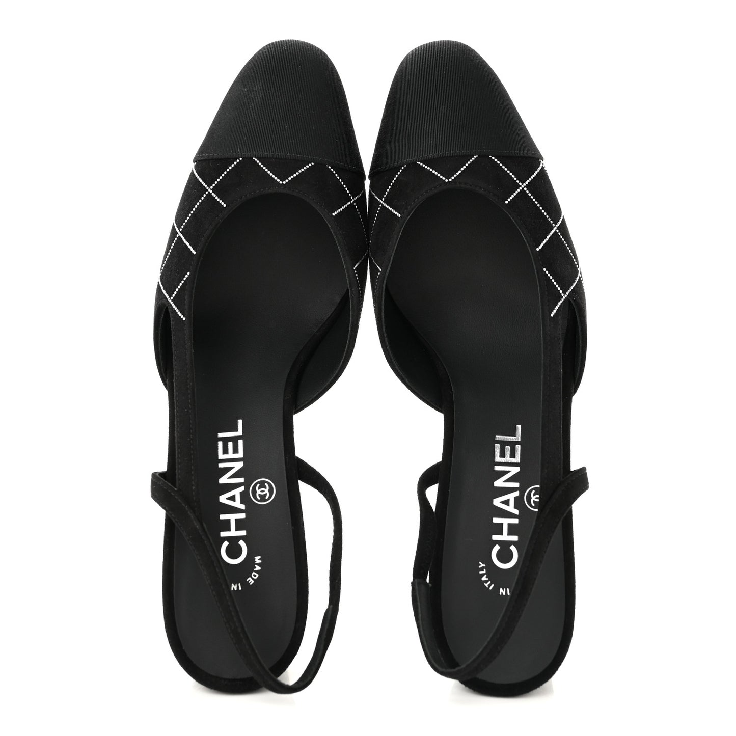 Suede Crystal Grosgrain Cap Toe CC Slingback Pumps 38 Black Silver