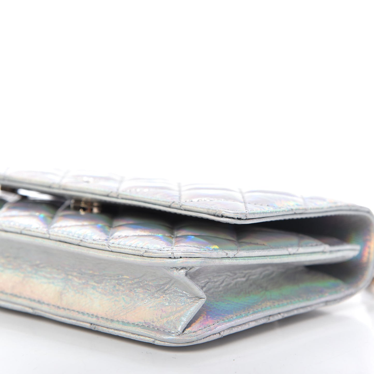 Iridescent Goatskin Quilted Wallet On Chain WOC Silver
