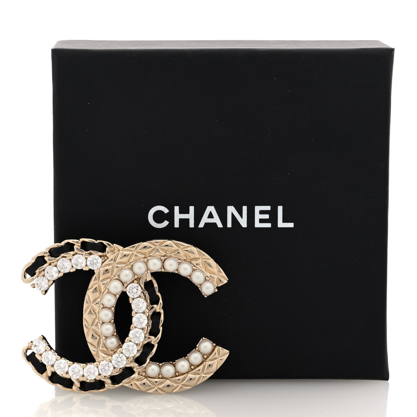 Lambskin Pearl Crystal Quilted CC Brooch Black Gold Black