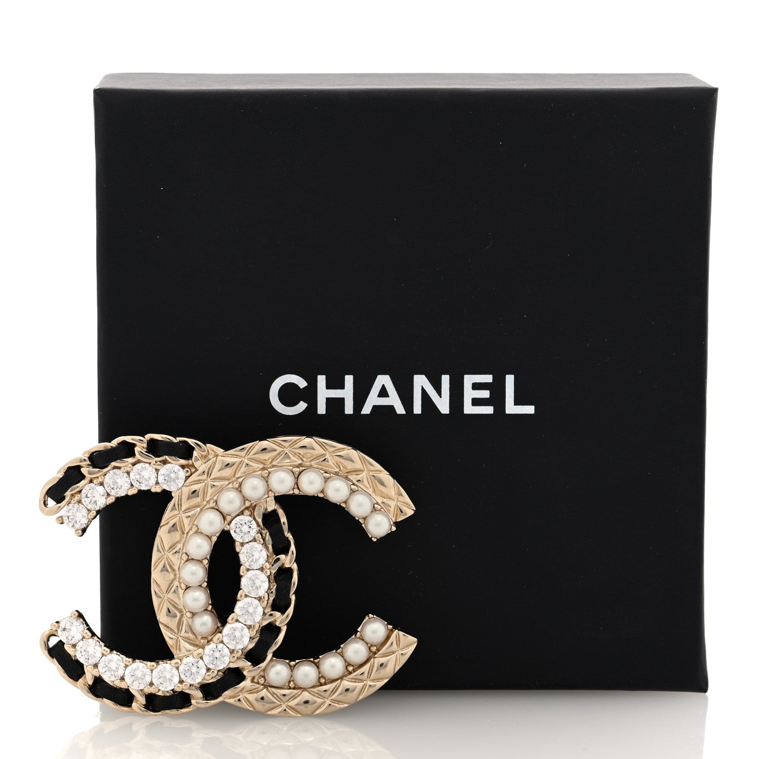 Chanel Lambskin Pearl Crystal Quilted CC Brooch Black Gold Black 3 of 4