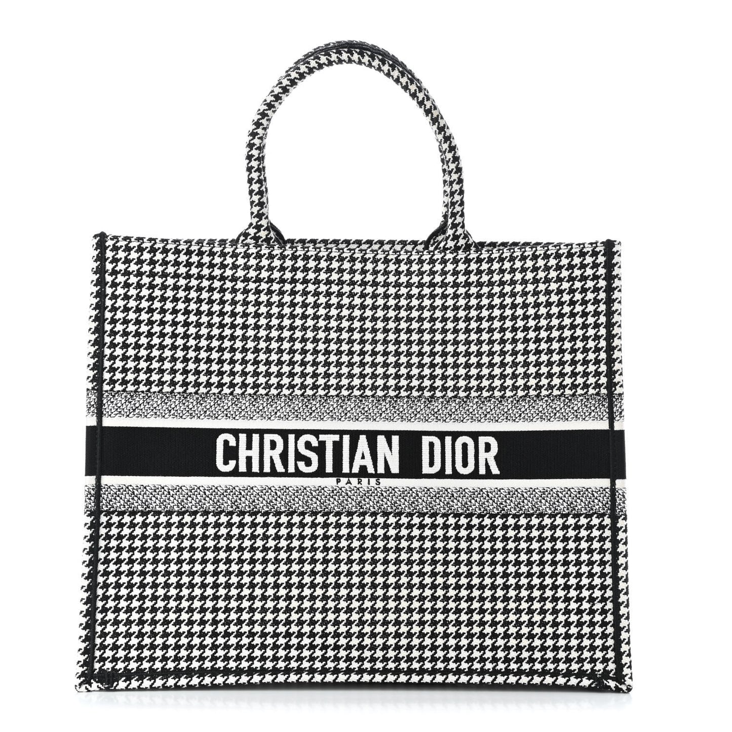 Canvas Houndstooth Embroidered Book Tote Black White