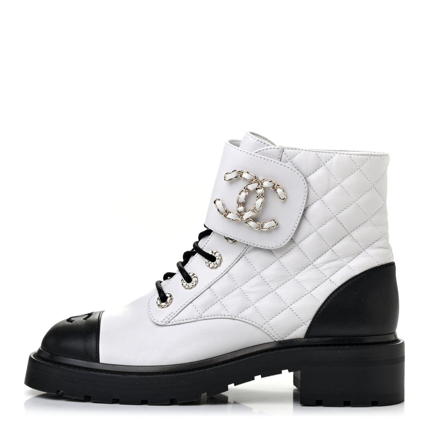 Shiny Lambskin Quilted Lace Up Combat Boots 40 White Black