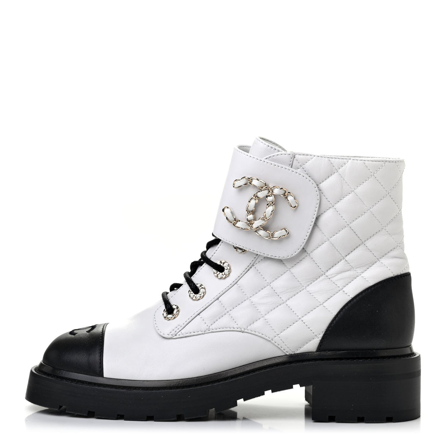 Chanel Shiny Lambskin Quilted Lace Up Combat Boots 40 White Black 1 of 7