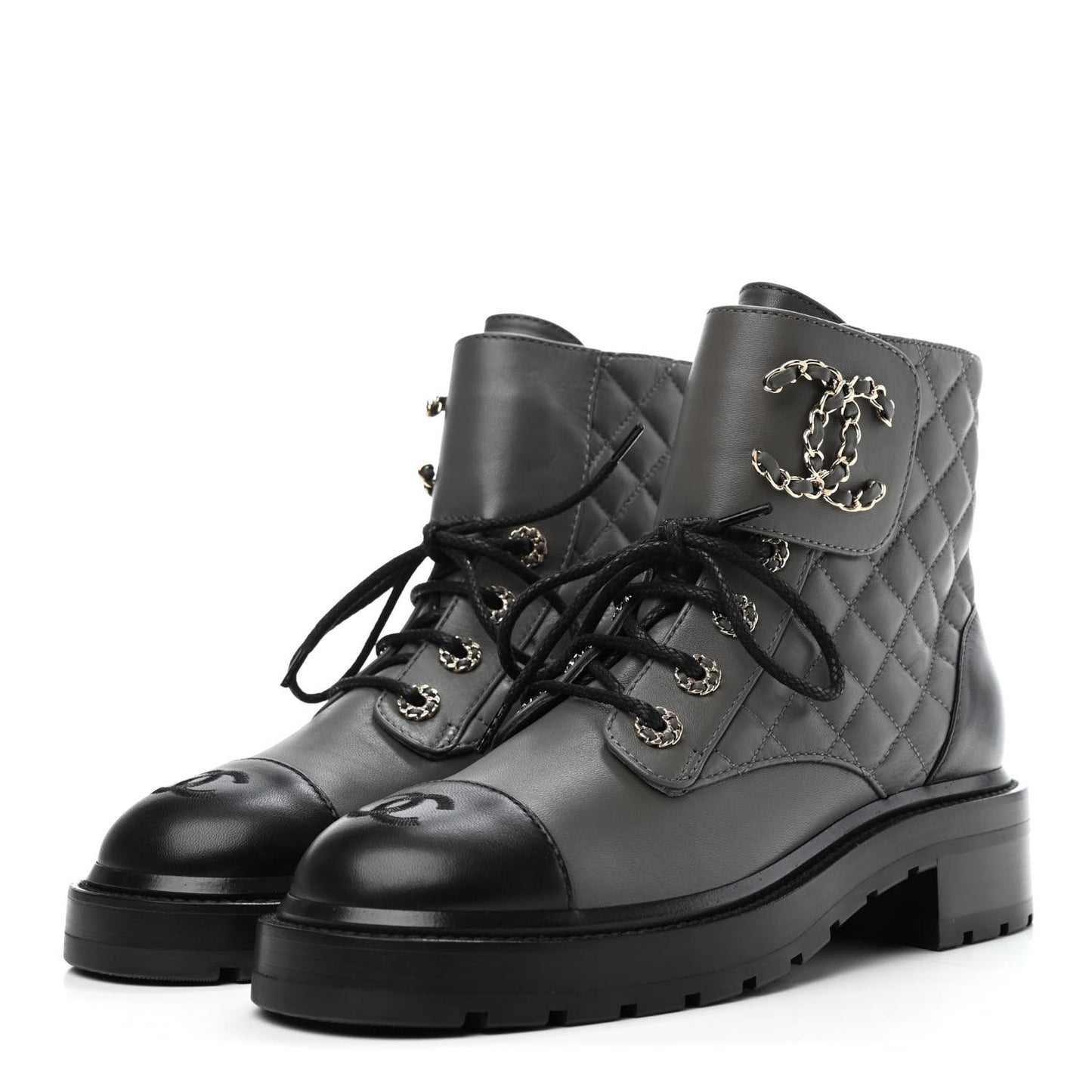 Shiny Lambskin Quilted Lace Up Combat Boots 37.5 Grey Black