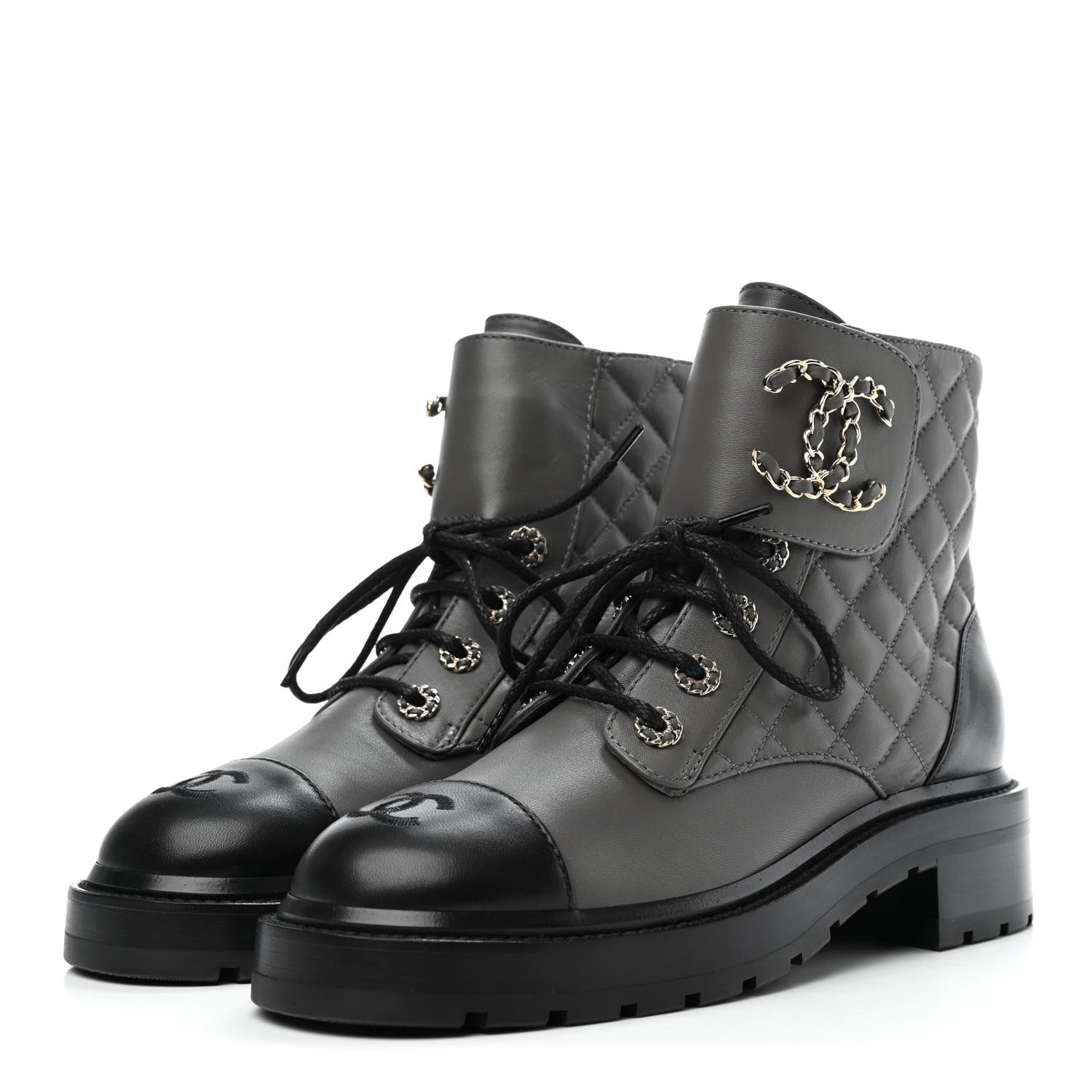 Chanel Shiny Lambskin Quilted Lace Up Combat Boots 37.5 Grey Black 3 of 4