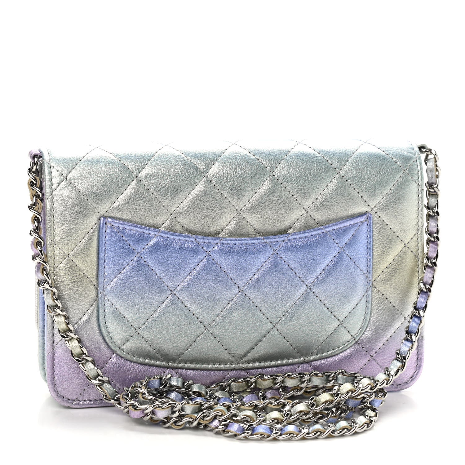 Chanel Gradient Metallic Calfskin Quilted Wallet On Chain WOC Silver Blue Yellow Purple 3 of 9