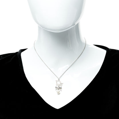 Christian Dior Crystal Pearl Logo Bow Necklace Silver 3 of 5