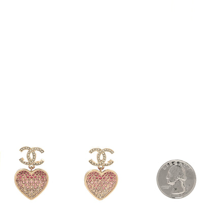 Chanel Crystal CC Resin Heart Drop Earrings Pink Gold 2 of 5