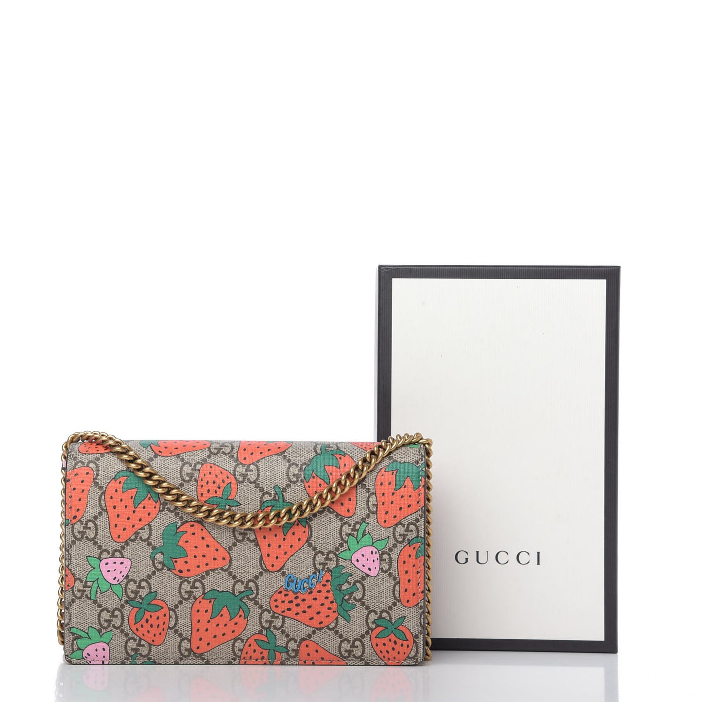 GG Supreme Monogram Strawberry Chain Wallet