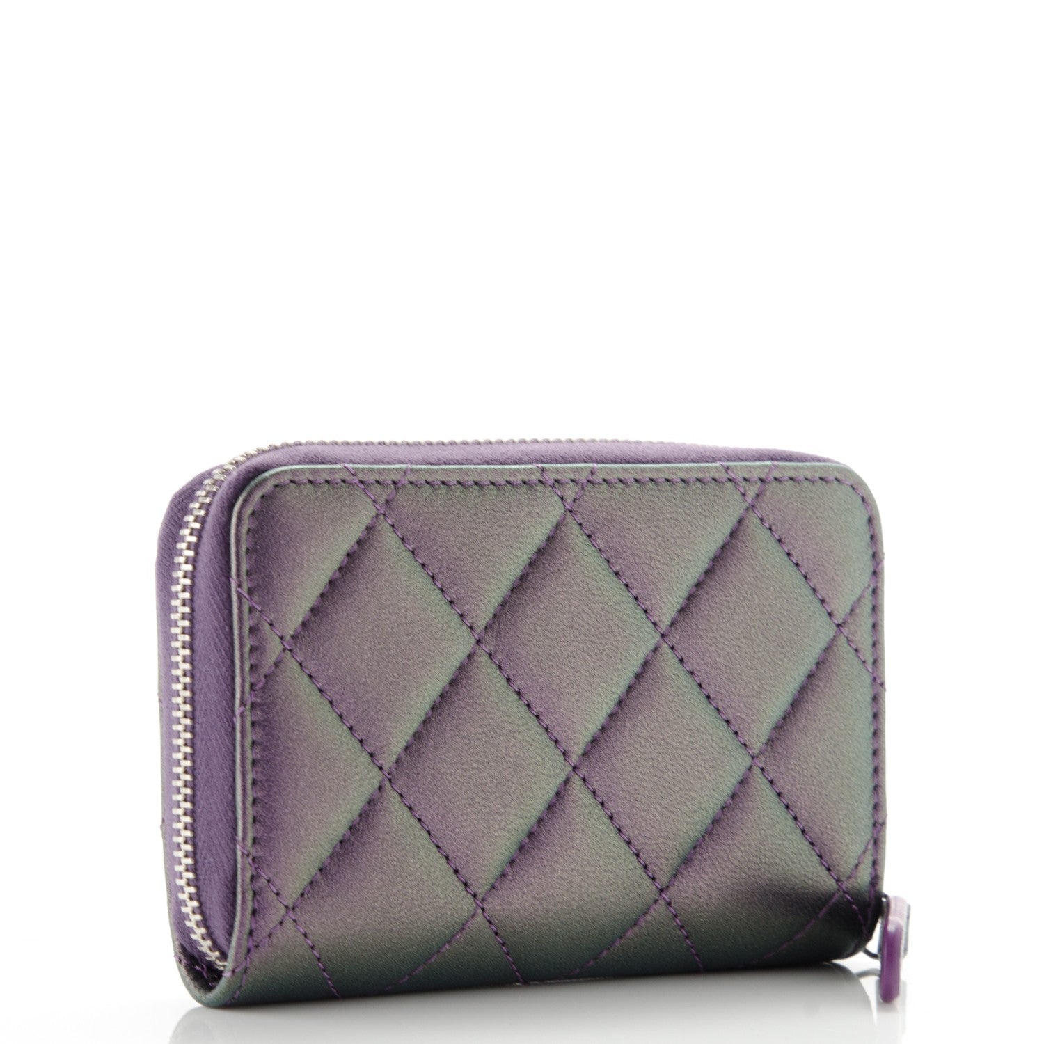 Chanel Metallic Lambskin Quilted Zip Around Coin Purse Wallet Purple 3 of 7