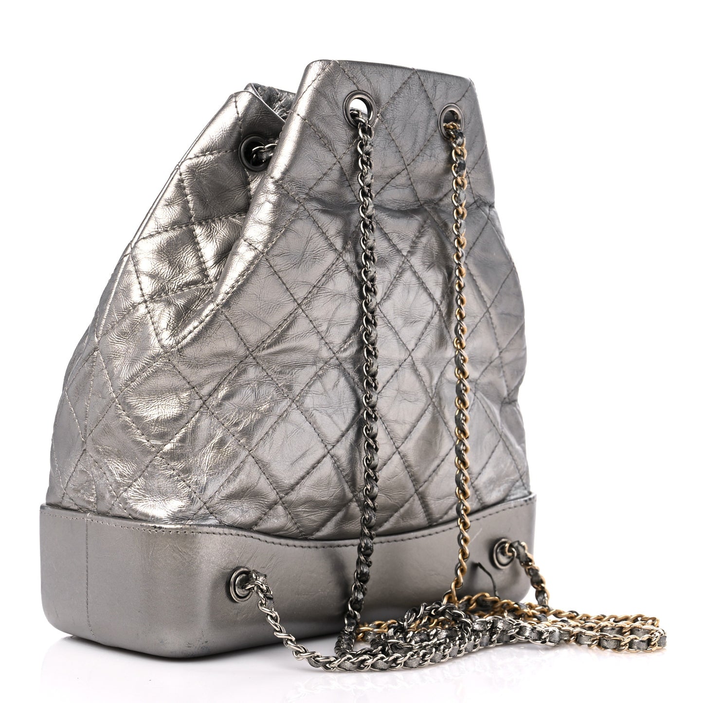 Metallic Crumpled Calfskin Quilted Small Gabrielle Backpack Silver