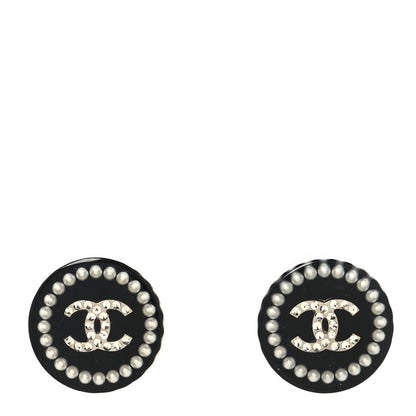 Chanel Resin Crystal Pearl CC Round Earrings Black 1 of 5