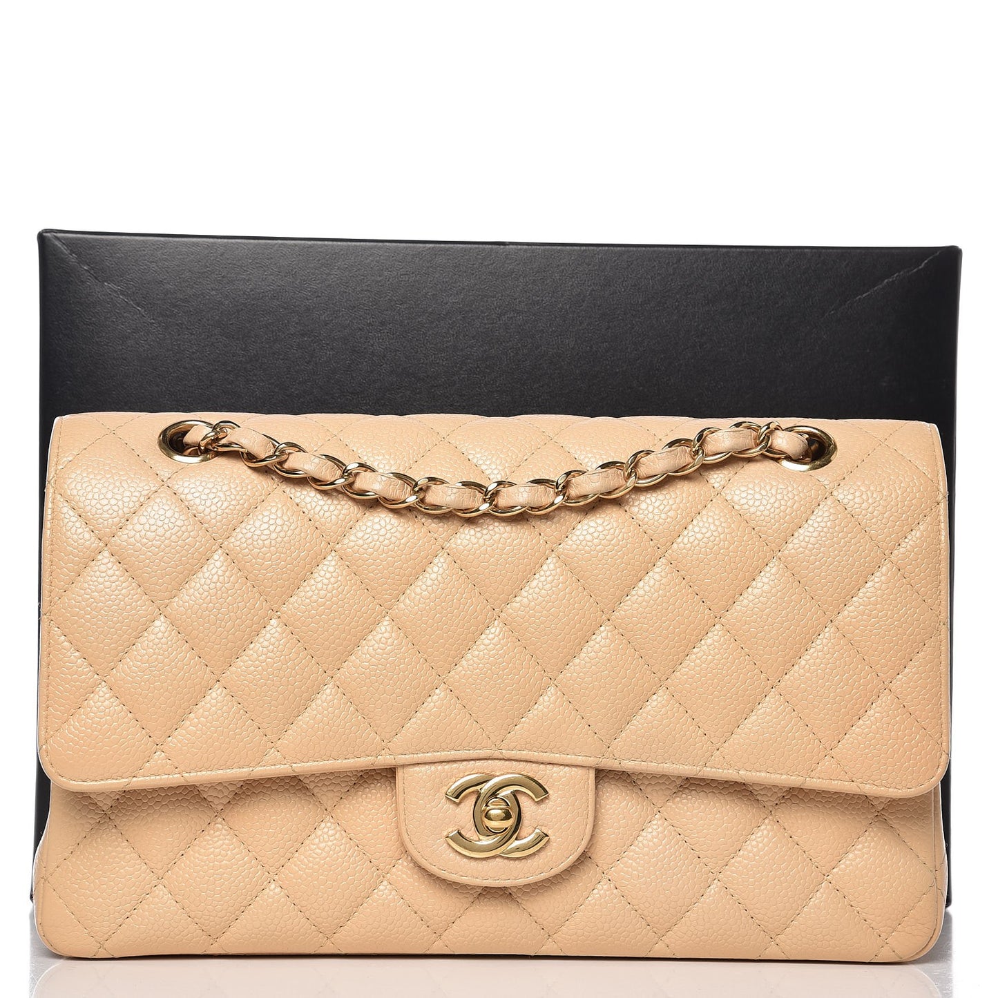 Caviar Quilted Medium Double Flap Beige Clair