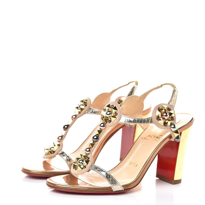 Christian Louboutin Studded Lame Metallic Patent Kaleitop 85 T-Strap Sandals 36 Doudou 3 of 11