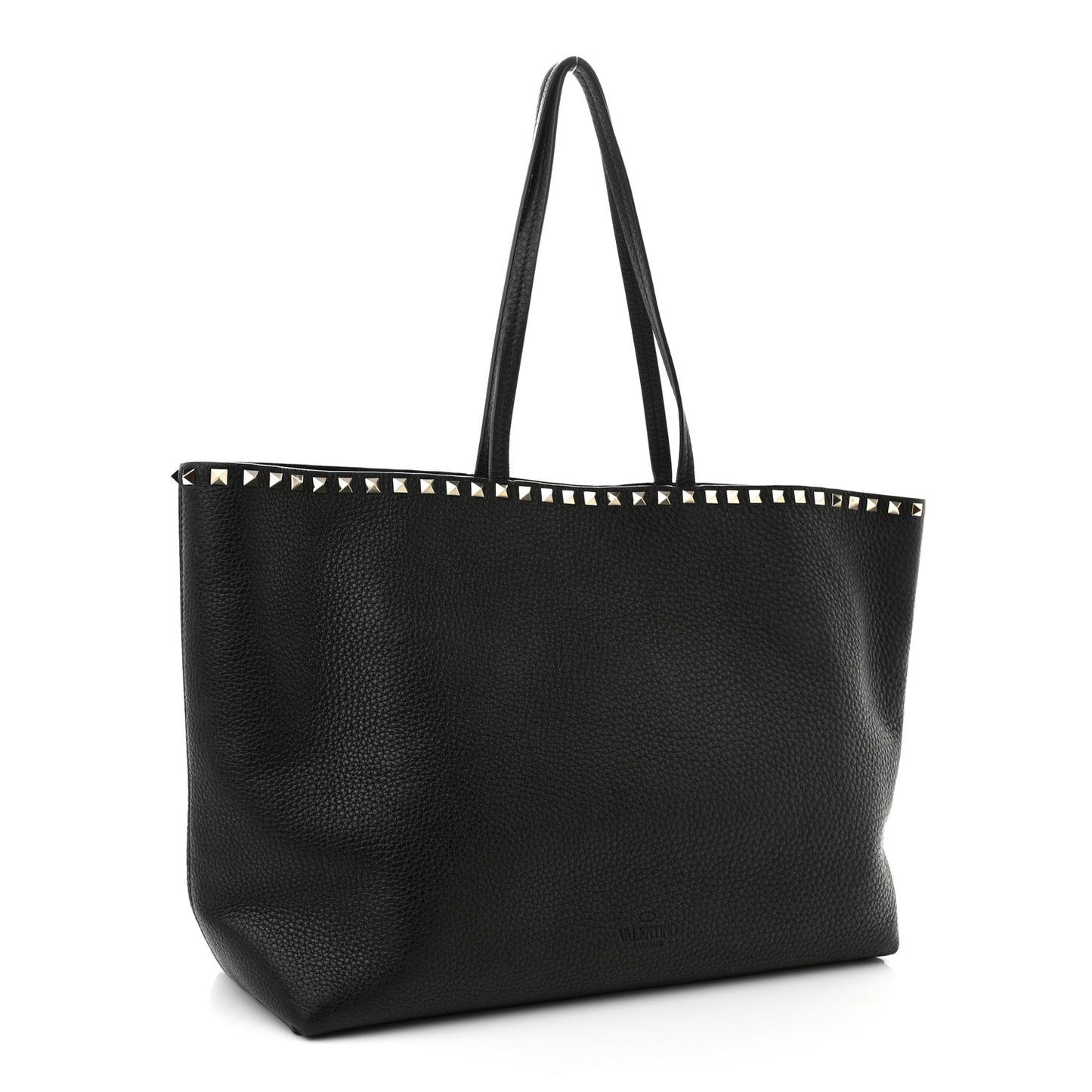 Grained Calfskin Rockstud Shoulder Tote Black
