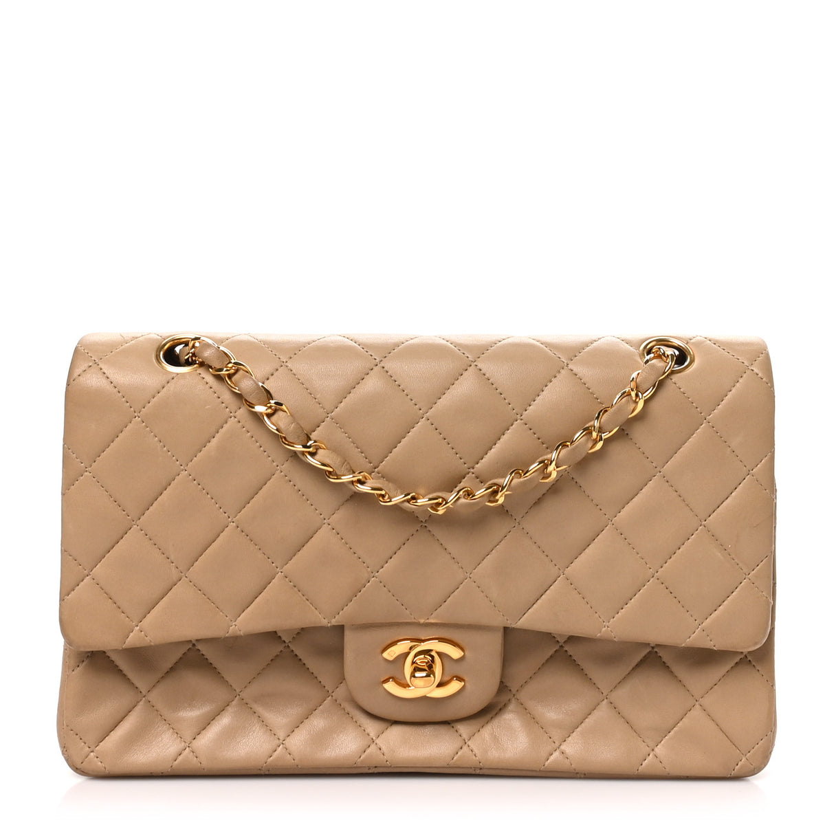 Lambskin Quilted Medium Double Flap Beige