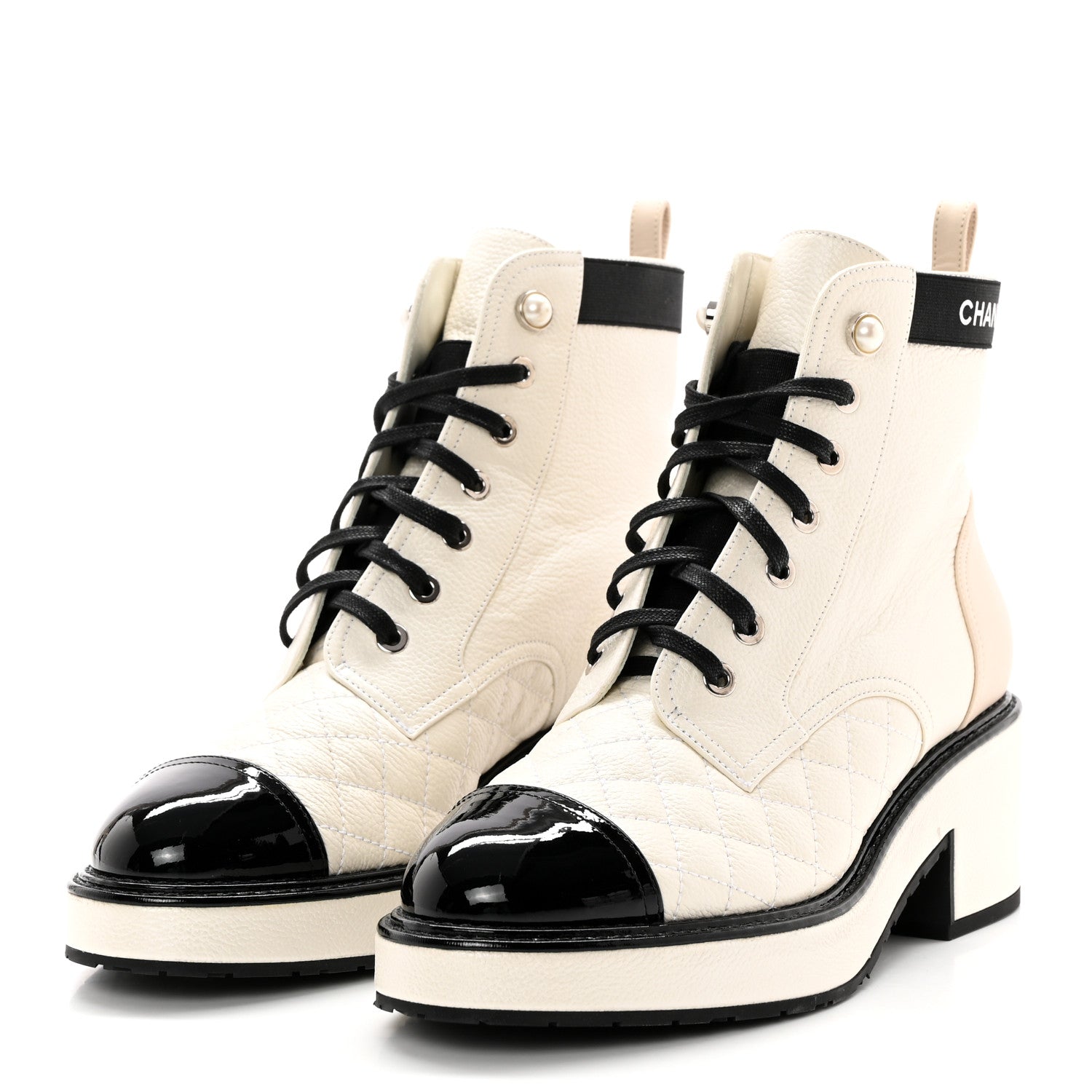 Chanel Pearly Calfskin Patent Calfskin Quilted Lace Up Boots 38 White Light Gray Black 3 of 17