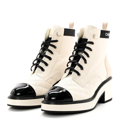 Chanel Pearly Calfskin Patent Calfskin Quilted Lace Up Boots 38 White Light Gray Black 3 of 17