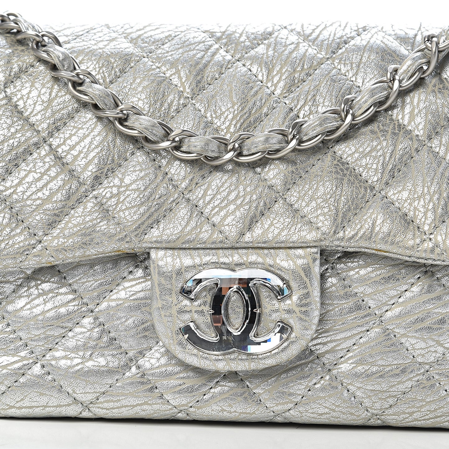 Calfskin Mirror CC Crackled Flap Silver