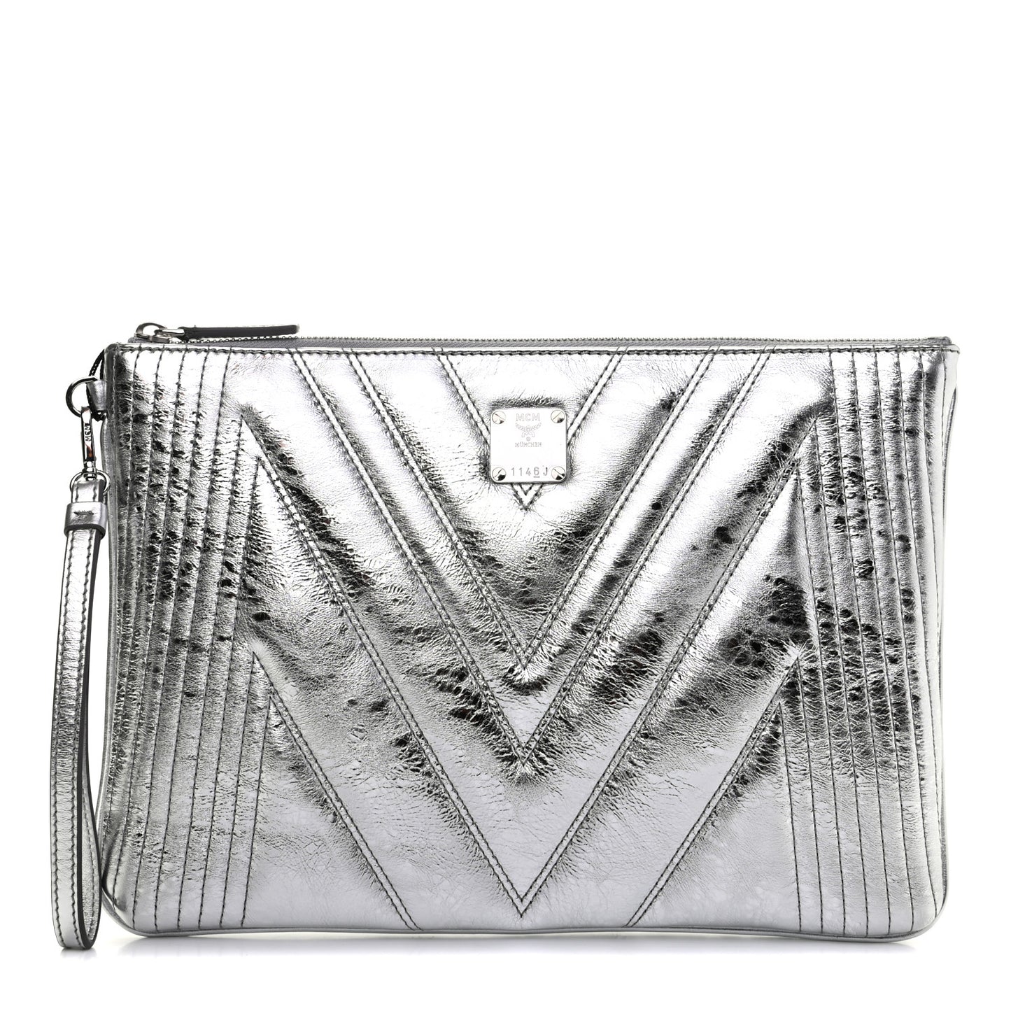 Metallic Calfskin Quilted Medium Zip Pouch Light Silver