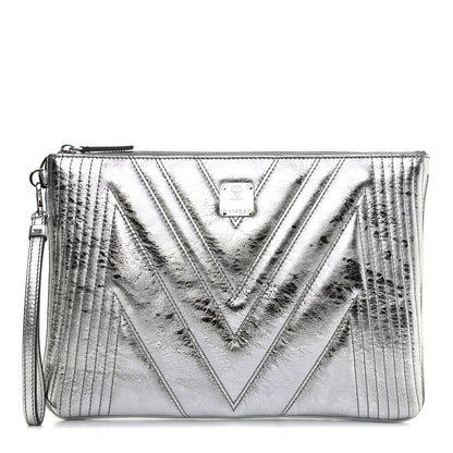 MCM Metallic Calfskin Quilted Medium Zip Pouch Light Silver 1 of 7
