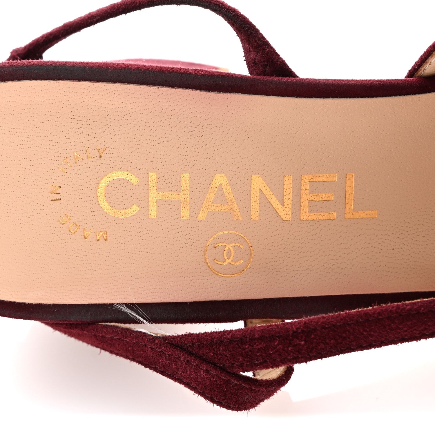 Chanel Kid Suede Metallic Lambskin Cap Toe CC Slingback Pumps 37.5 Burgundy Gold 8 of 12