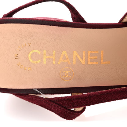 Chanel Kid Suede Metallic Lambskin Cap Toe CC Slingback Pumps 37.5 Burgundy Gold 8 of 12