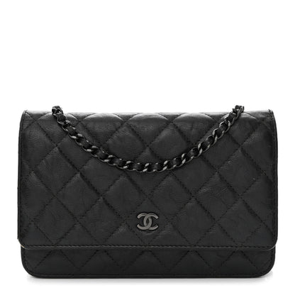 Chanel Crumpled Calfskin Quilted Wallet On Chain WOC So Black 1 of 17