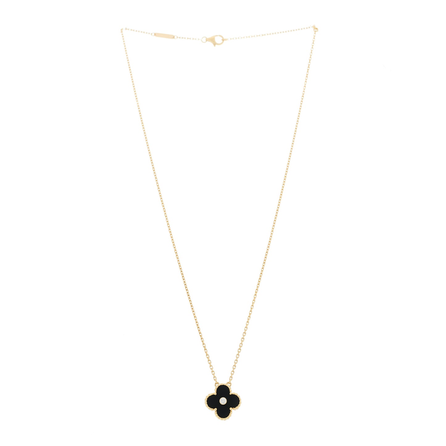 18K Yellow Gold Diamond Black Onyx Vintage Alhambra Pendant Necklace