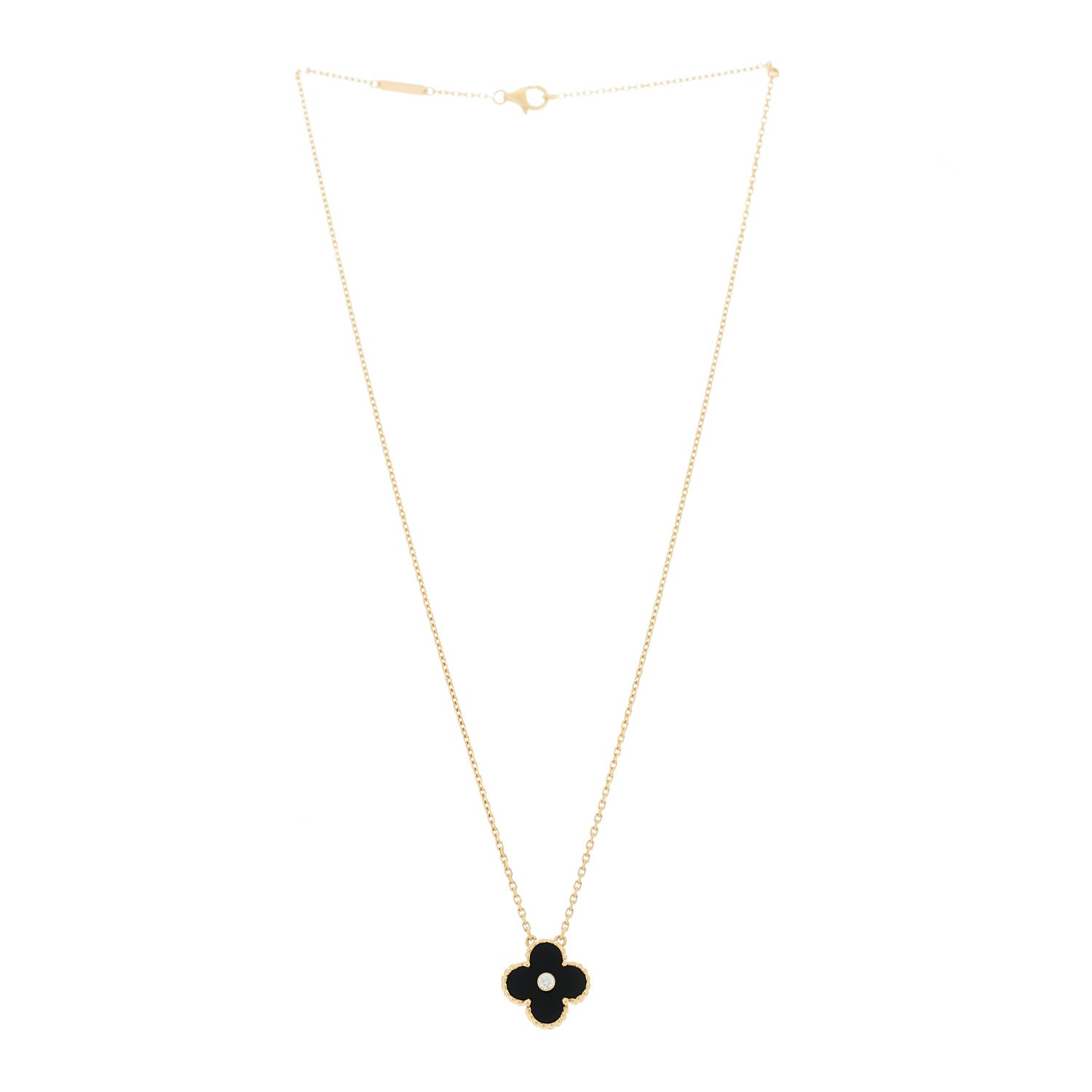 Van Cleef & Arpels 18K Yellow Gold Diamond Black Onyx Vintage Alhambra Pendant Necklace 3 of 5