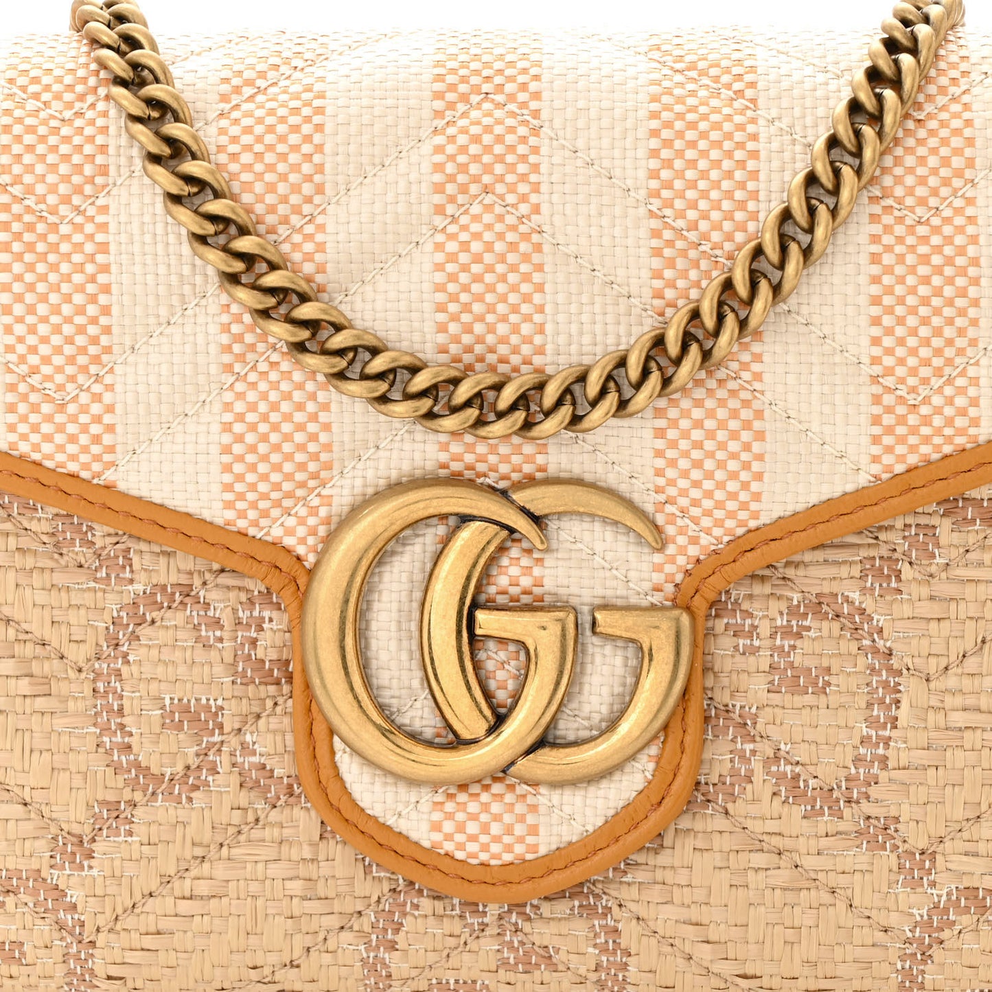 Raffia GG Monogram Matelasse GG Marmont Chain Wallet Natural Beige Off White Sun Oil