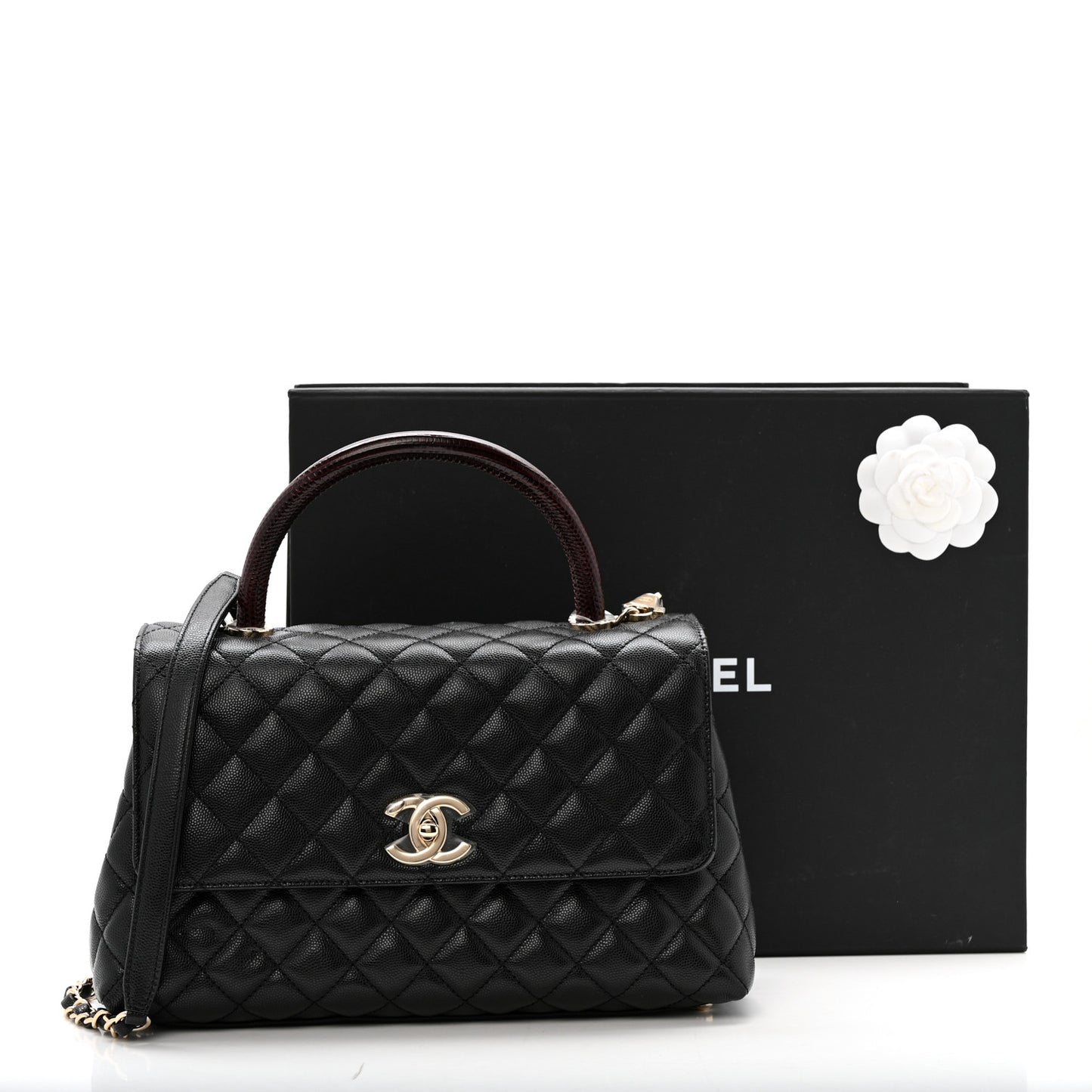 Caviar Lizard Embossed Quilted Small Coco Handle Flap Black