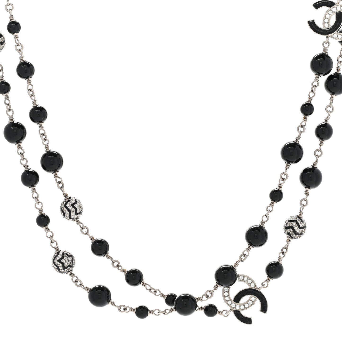 Pearl Crystal Beaded CC Multi Strand Necklace Black Silver