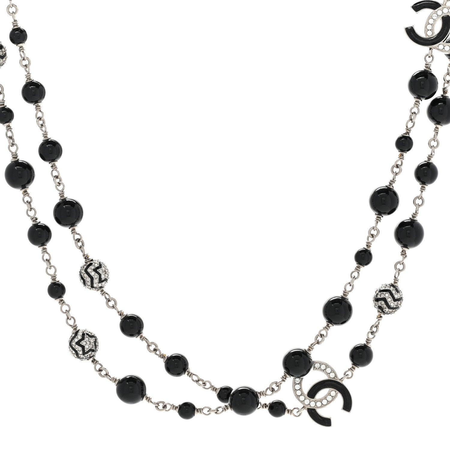 Chanel Pearl Crystal Beaded CC Multi Strand Necklace Black Silver 1 of 6