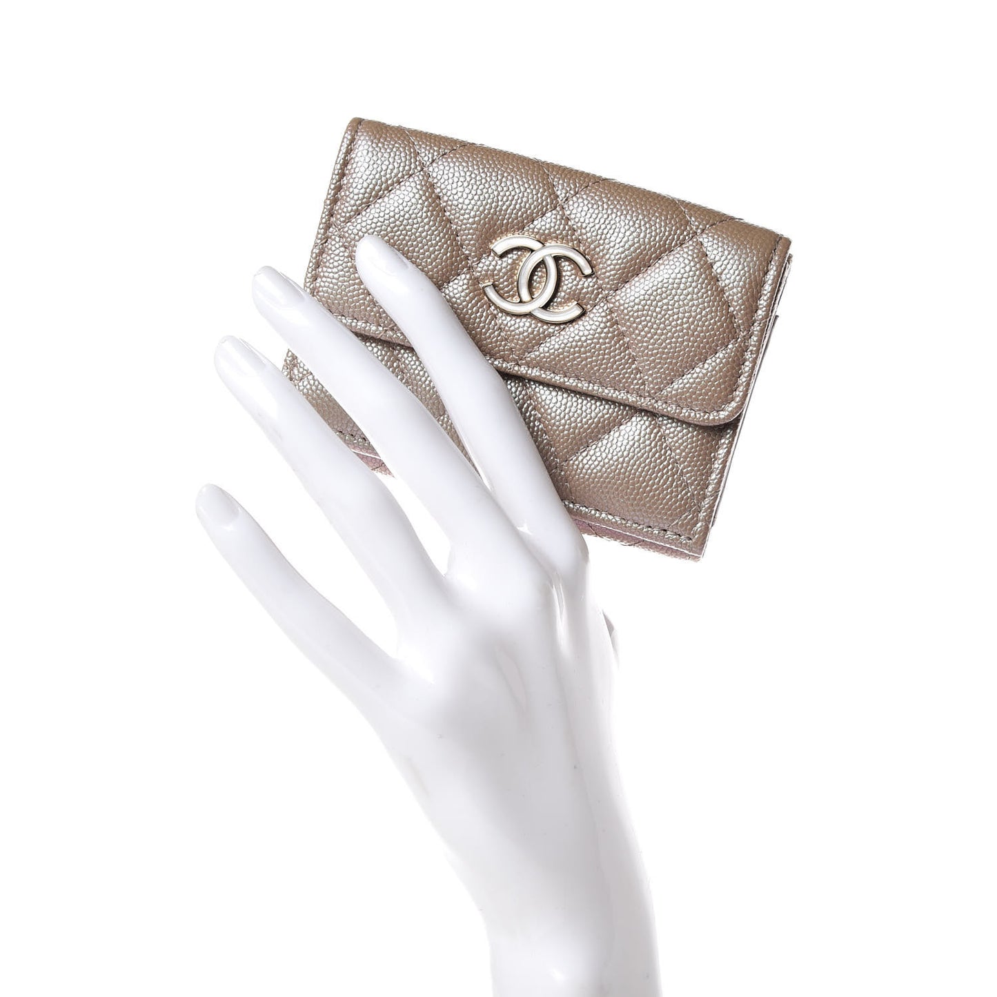 Iridescent Caviar Quilted Double Flap Wallet Beige