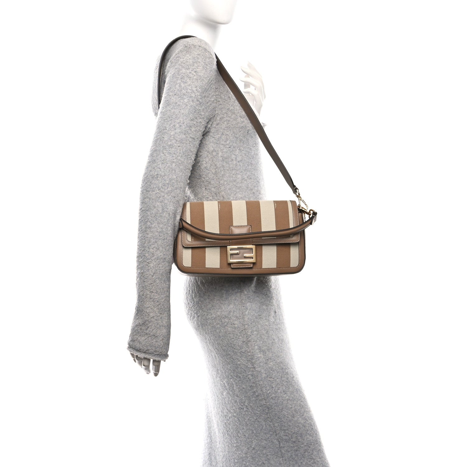 Fendi Canvas Pequin Striped Baguette Beige Sand 2 of 10